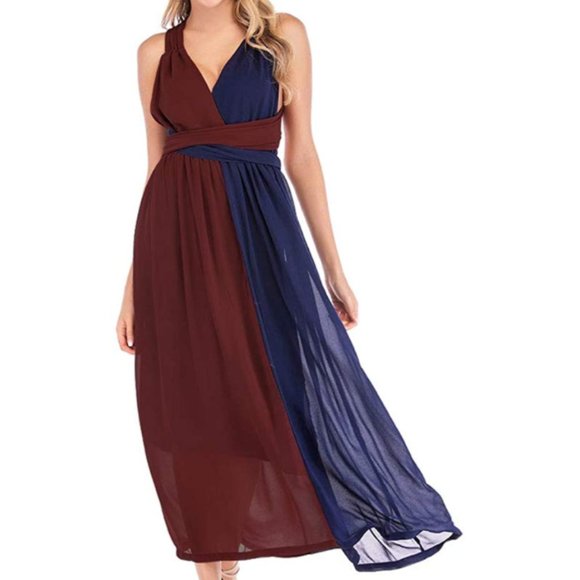 LAST 1 NWT Navy/Maroon Wrap Chiffon Maxi Dress - Picture 2 of 6